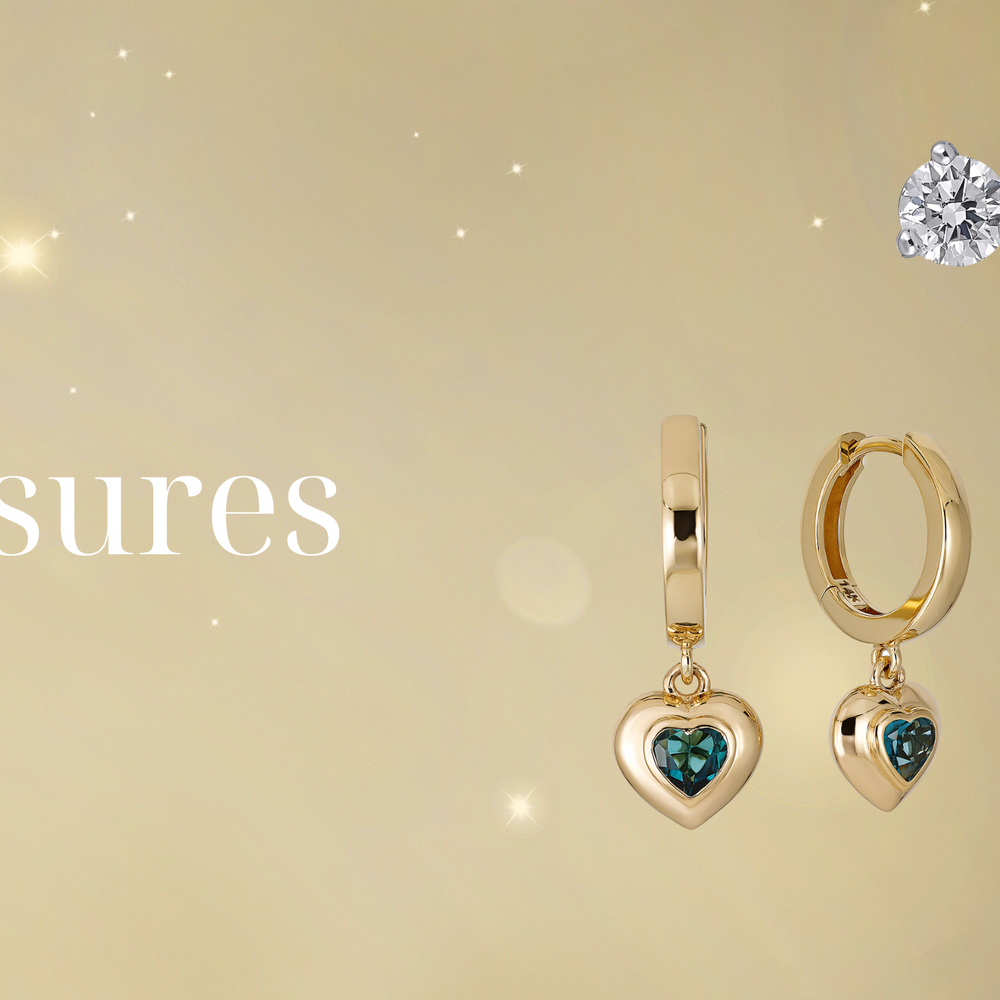 Tiny Treasures jewelry collection featuring Sea Green Tourmaline Hoop Earrings, classic diamond studs, and emerald necklaces.