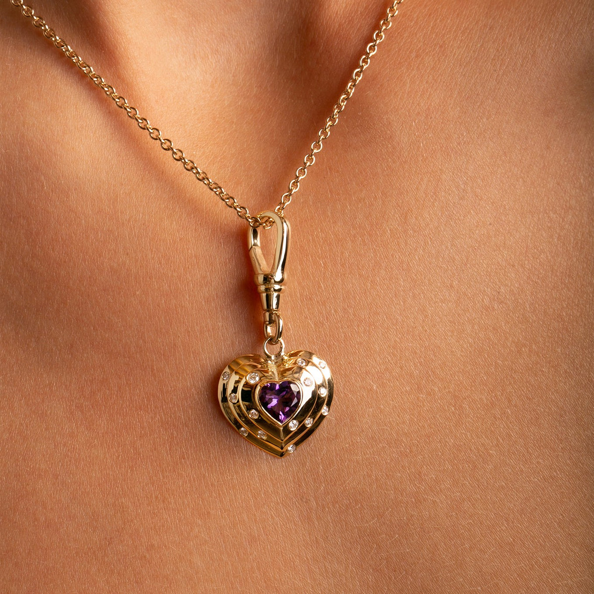 14k Yellow Gold, Natural Vibrant Amethyst and Diamond Heart Charm with Vintage-Inspired Dog Clip with chain