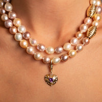 14k Yellow Gold, Natural Vibrant Amethyst and Diamond Heart Charm with Vintage-Inspired Dog Clip layered with natural barqoue pearls