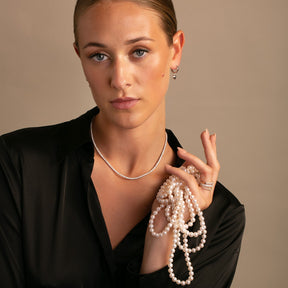 18k Gold Marquise and Round Diamond Band -Diamond Tennis Necklace and Pearls on model- Thomas Laine Jewelry