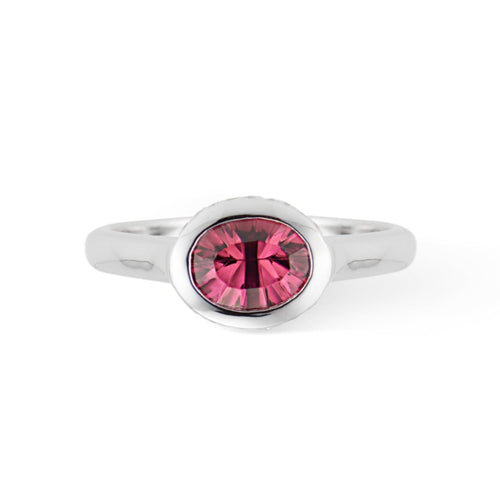 Pink Tourmaline Oval Horizontal Diamond Bezel Set Ring - Thomas Laine Jewelry