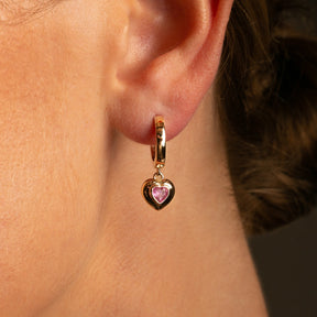 14k Yellow Gold Pink Tourmaline Gypset Hoop Earrings on model