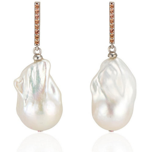 14K Vertical Gold Bar with Sapphires and Baroque Pearl Drop Earrings - Thomas Laine Jewelry