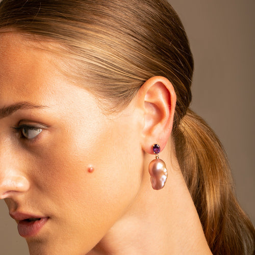 14k Yellow Gold Amethyst Natural Pink Baroque Pearl Earrings on model