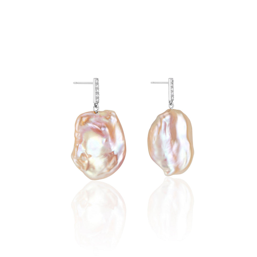 Vertical White Gold Diamond Bar Baroque Pearl Earrings
