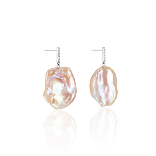 Vertical White Gold Diamond Bar Baroque Pearl Earrings
