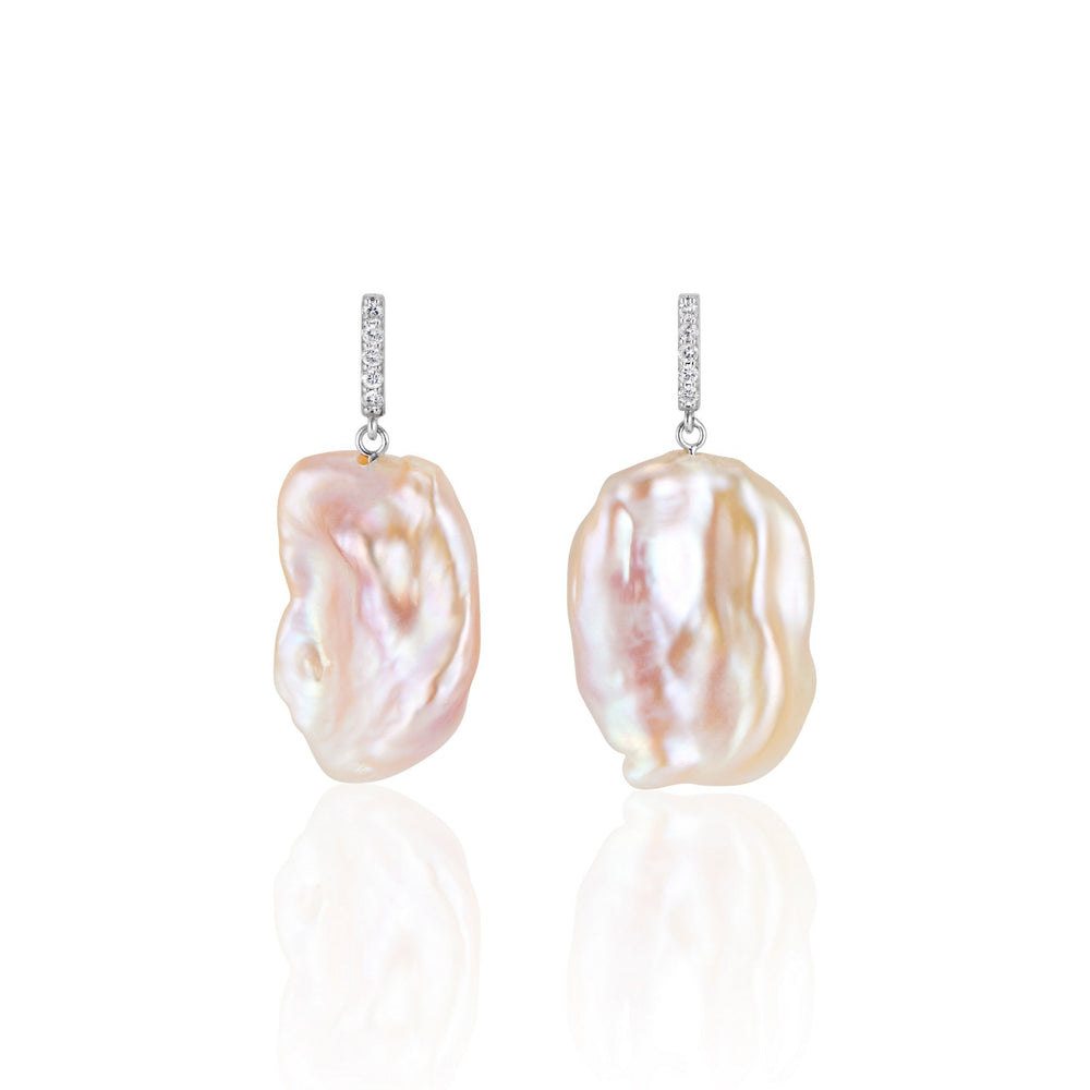 Vertical White Gold Diamond Bar Baroque Pearl Earrings