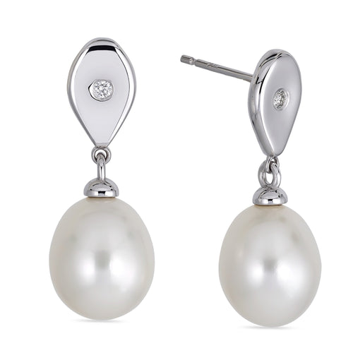 White Gold White Pearl & Diamond Teardrop Earrings
