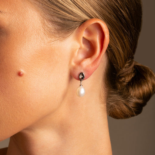 White Gold White Pearl & Diamond Teardrop Earrings