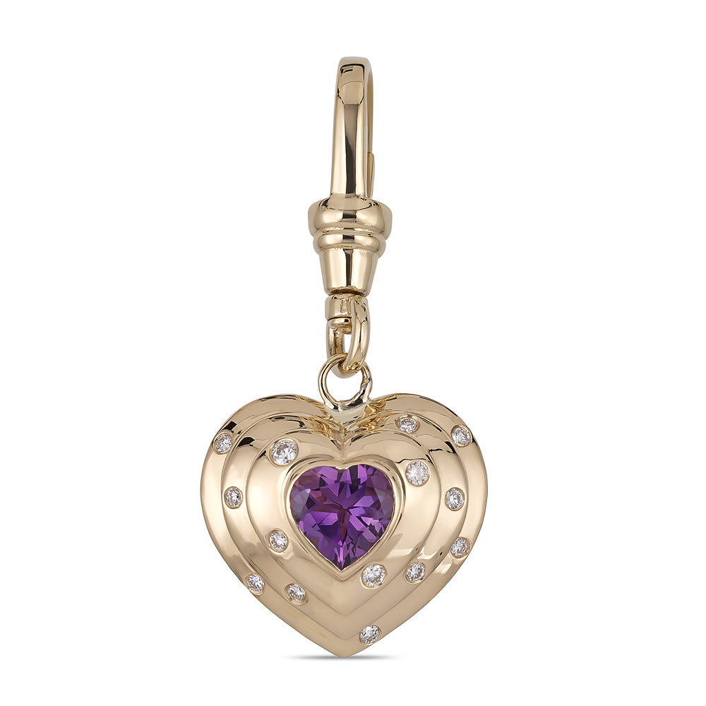 14k Yellow Gold, Natural Vibrant Amethyst and Diamond Heart Charm with Vintage-Inspired Dog Clip 