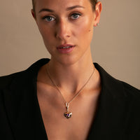 14k Yellow Gold, Natural Vibrant Amethyst and Diamond Heart Charm with Vintage-Inspired Dog Clip on chain on model