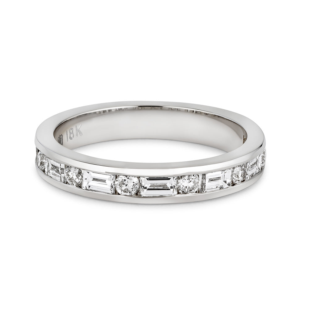 18K  White Gold Channel Set Baguette and Round Brilliant Diamond Band