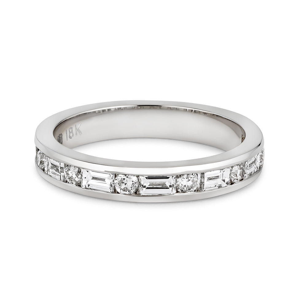 18K  White Gold Channel Set Baguette and Round Brilliant Diamond Band 