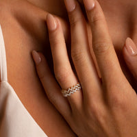 18k Yellow and White Gold Heartbeat Diamond Rings layered on model - Thomas Laine Jewelry