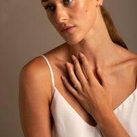 Stacked 18k Gold Heartbeat Diamond Rings on model- Thomas Laine Jewelry