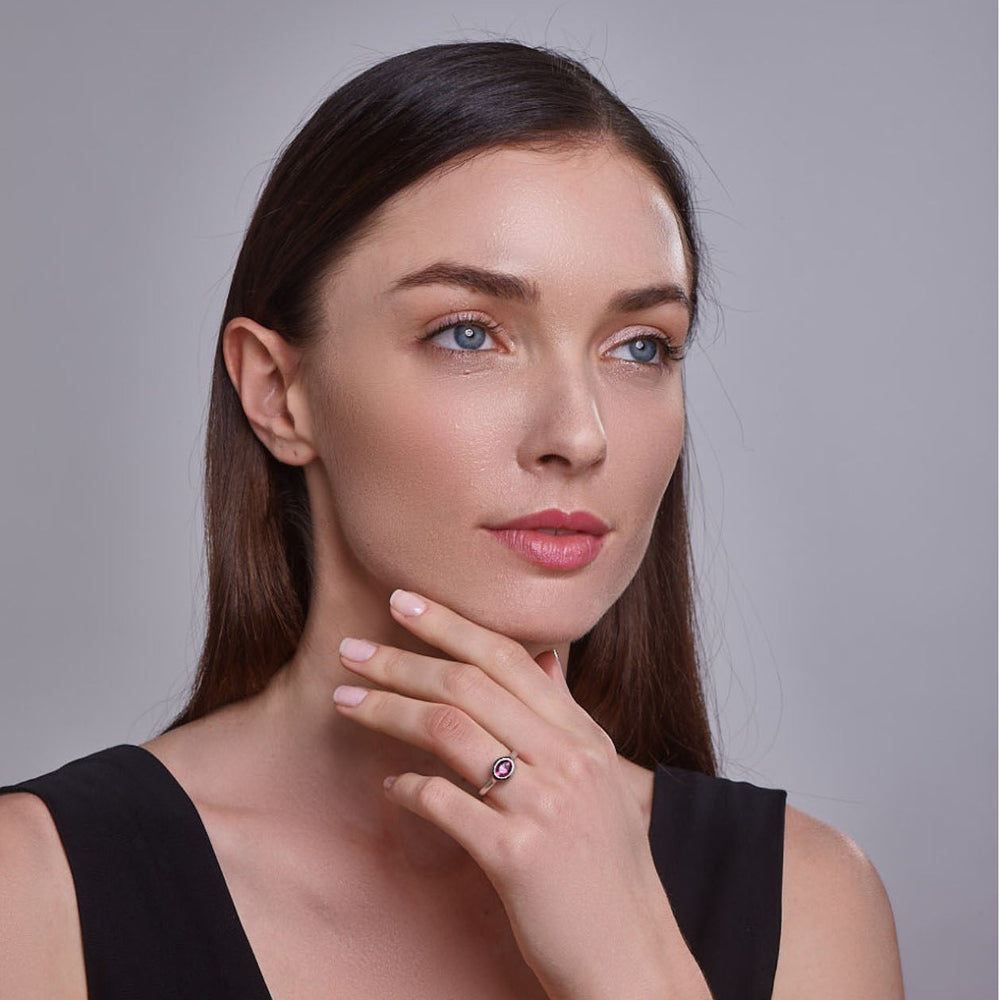 14k White Gold East West Horizontal Pink Oval Tourmaline and Diamond Ring on model