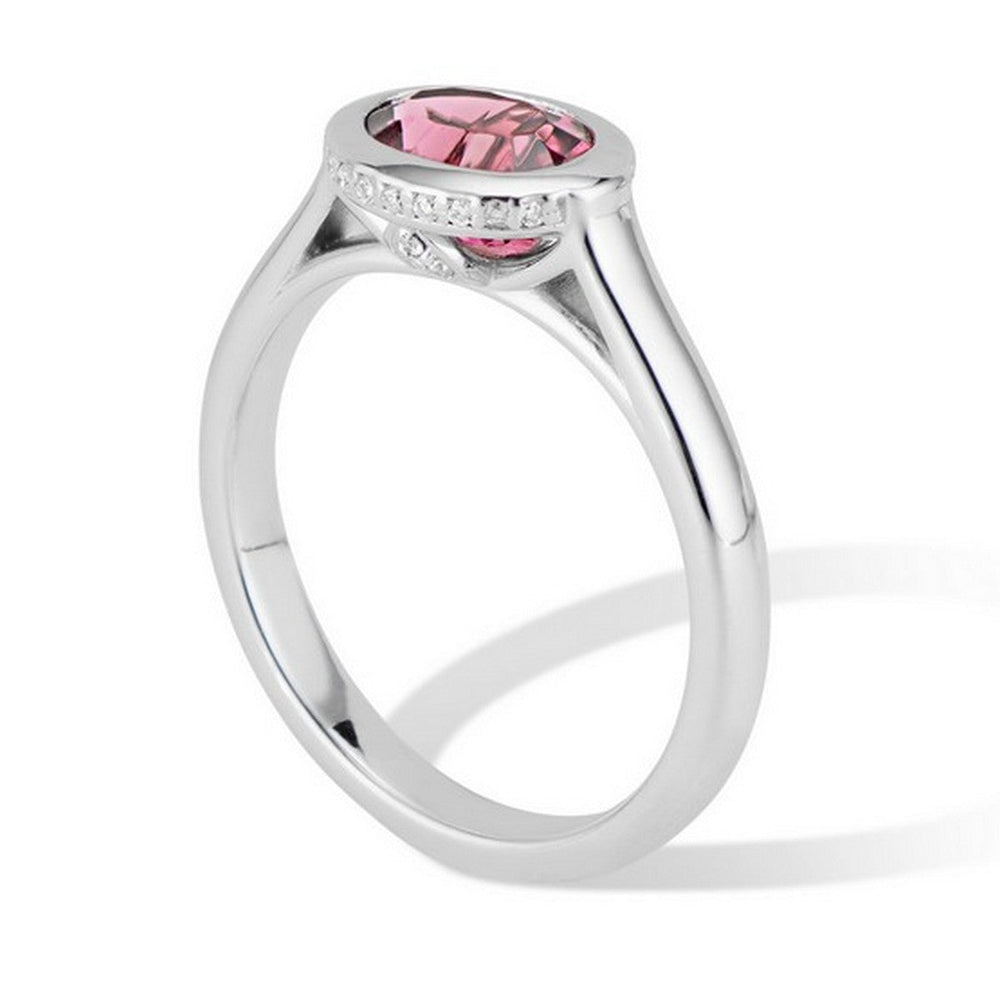 14K WHITE GOLD EAST WEST HORIZONTAL PINK OVAL TOURMALINE AND DIAMOND RING - Thomas Laine LLC