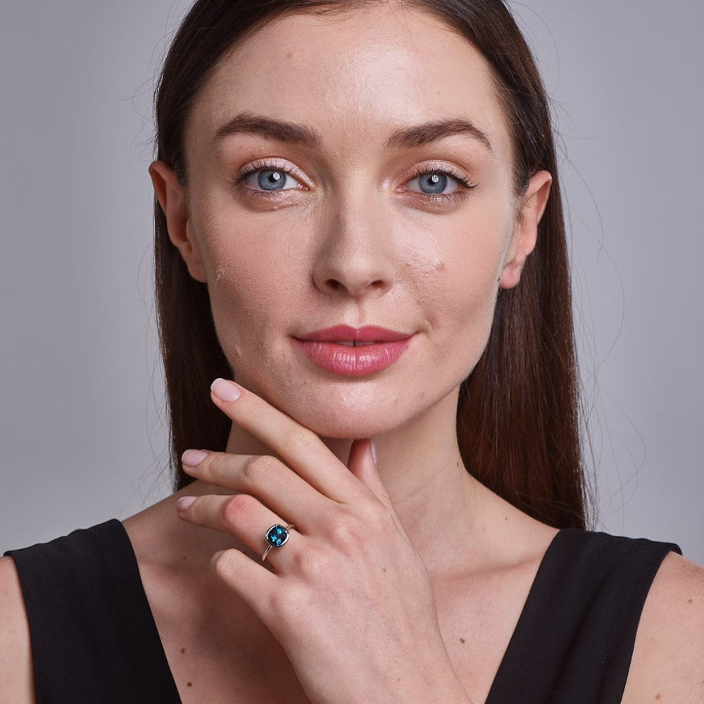 14K White Gold Cushion Cut London Blue Topaz Ring on Model