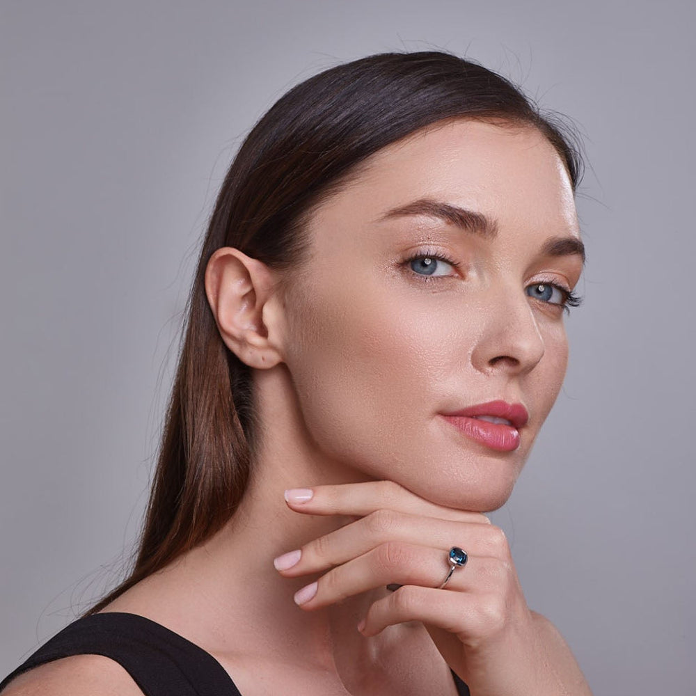14K White Gold Cushion Cut London Blue Topaz Ring on model