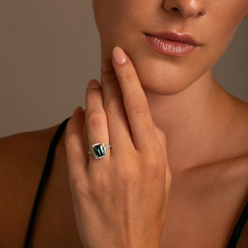4.68ct Cushion Cut Green Tourmaline & Diamond Halo Ring