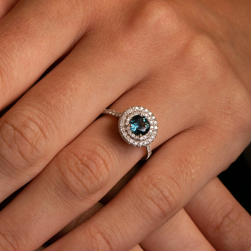 1.08ct Teal Montana Sapphire Double Diamond Halo Ring