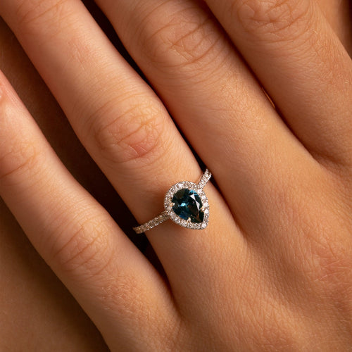 1.31ct Teal Pear Montana Sapphire Diamond Halo Ring