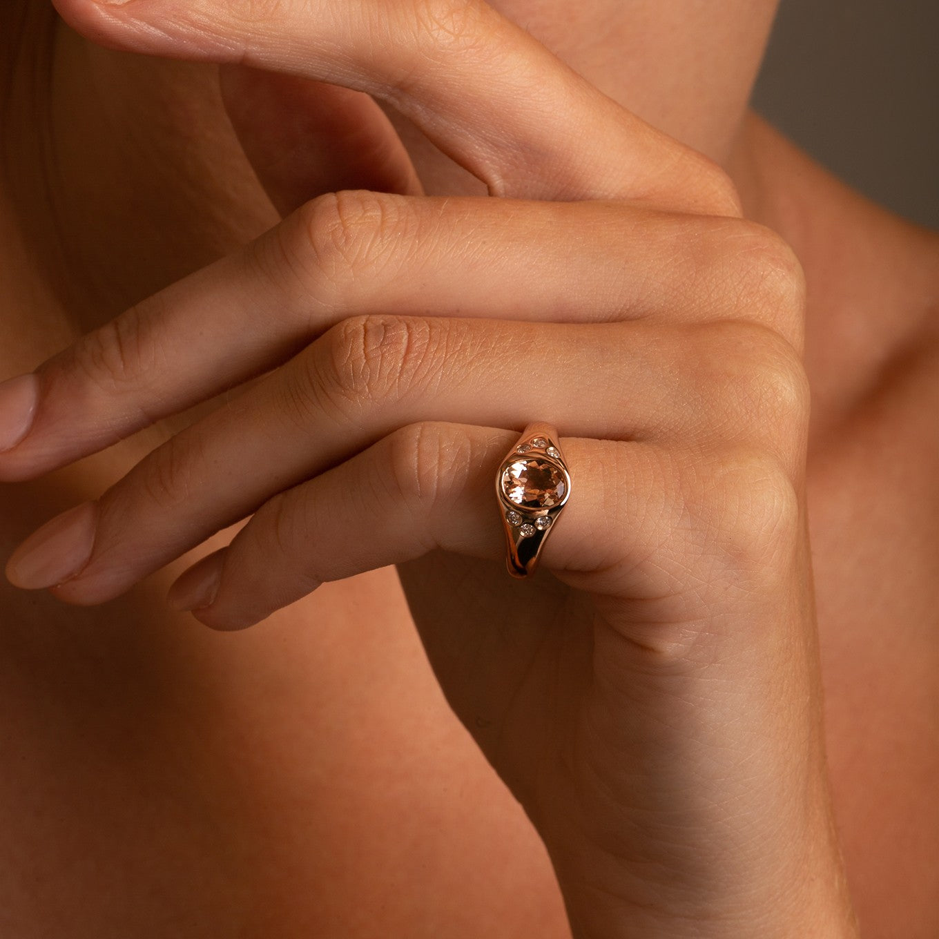 14K  Rose Gold Morganite and Diamond Pinky Signet Ring