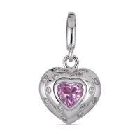 14k White Gold, Pink Sapphire Charm and Diamond Heart Charm
