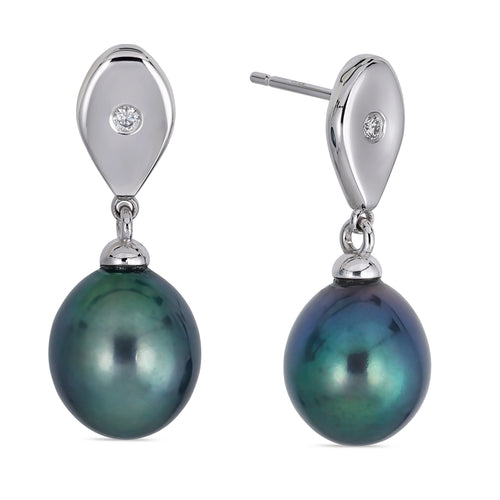 White Gold Peacock Green Pearl & Diamond Teardrop Earrings