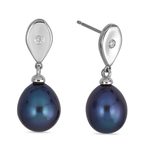 Teardrop Diamond and Black Pearl Drop White Gold Earrings