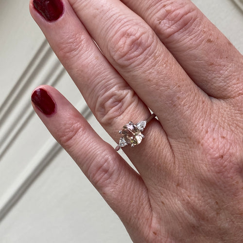 GIA Certified 14KT White Gold Three Stone Morganite Ring on Model Hand