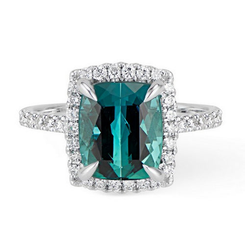 Green Tourmaline Halo Engagement Ring - Thomas Laine Jewelry
