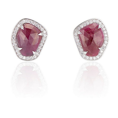 18K White Gold Rich Red Ruby Slice Diamond Stud Earrings - Thomas Laine Jewelry