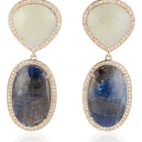 14k Yellow Gold Blue Sapphire Oval Shaped Slice and Cream Sapphire Slice with Diamond Halo Earrings