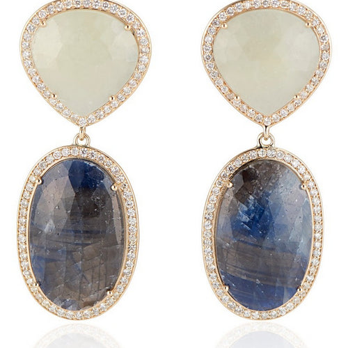 14k Yellow Gold Blue Sapphire Oval Shaped Slice and Cream Sapphire Slice with Diamond Halo Earrings