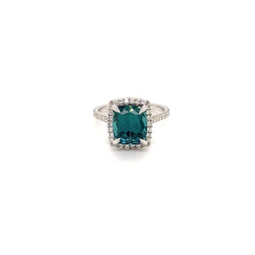 14k White Gold Green Cushion Cut Tourmaline in a diamond halo and accented band
