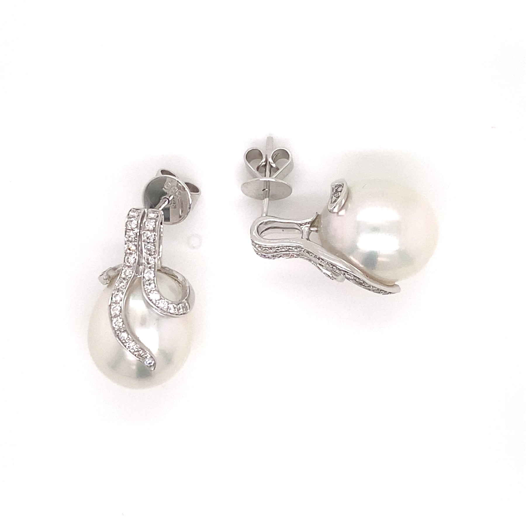 12-14mm Oval South Sea Pearl and Diamond Earrings set in 14k White Gold