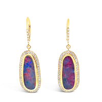 Hand Selected Pair of Boulder Opals that are rich with color, flash & light- their vivid red and blue color play dancing in a halo of scintillating diamonds.