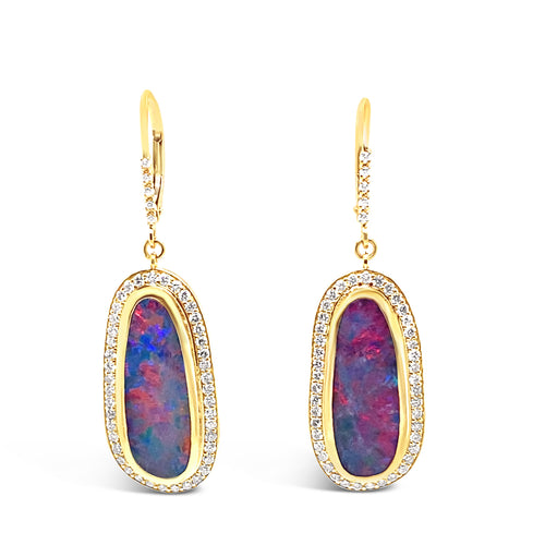 Hand Selected Pair of Boulder Opals that are rich with color, flash & light-   their vivid  red and blue color play dancing in a halo of scintillating diamonds.