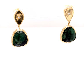 One of a Kind 14K Yellow Gold Teardrop with Natural Emerald Slice Drop Earrings- , each radiating a captivating green hue that is both vibrant and alluring.