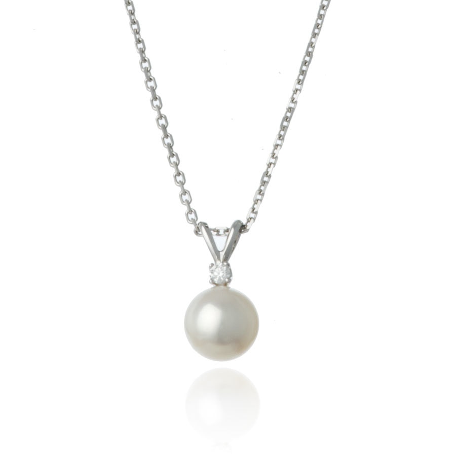 White Gold Diamond 7mm Pearl Pendant Necklace - Thomas Laine Jewelry