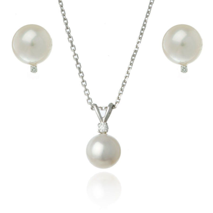 White Gold 7mm Freshwater Pearl and Diamond Set - Thomas Laine Jewelry