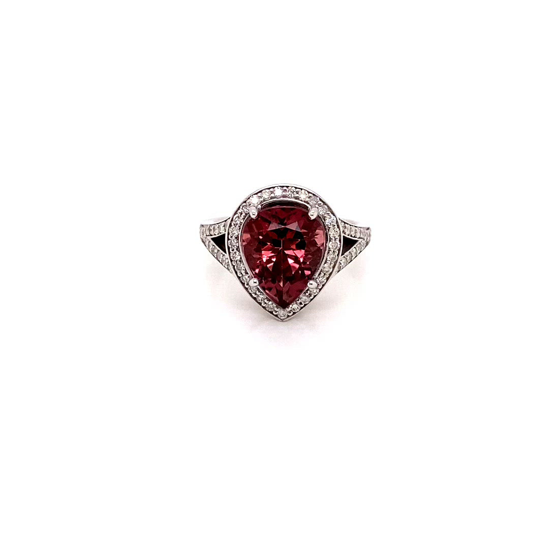 video 14K White Gold Split Shank Pear Cut Pink Tourmaline and Diamond Engagement Ring