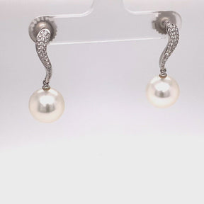 White South Sea Pearl and Pave Diamond Drop Earrings