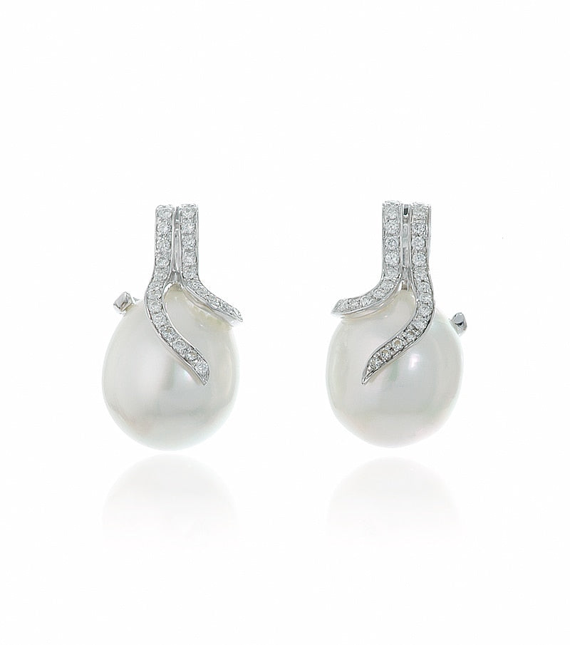 14K White Gold Oscar Collection South Sea Pearl and Diamond Set - Earrings
