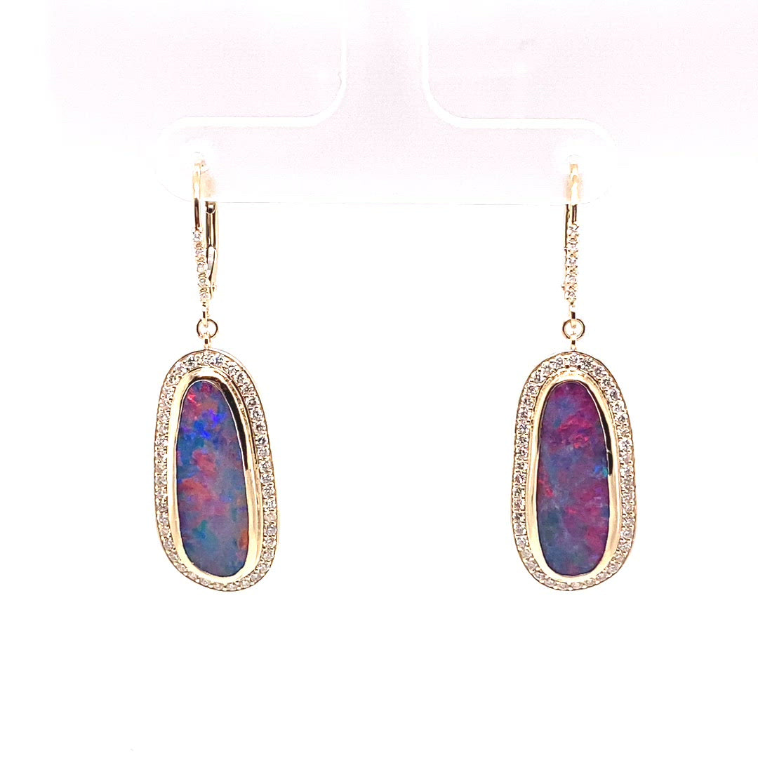 Video of Stunning One of A Kind 14K Yellow Gold Australian Boulder Opal Diamond Earrings.