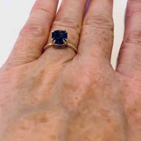 On Model Video 18K Yellow Gold Cushion Cut Peacock Blue Spinel Engagement Ring