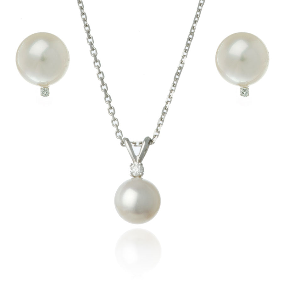 White Gold 7mm Freshwater Pearl and Diamond Set - Thomas Laine Jewelry