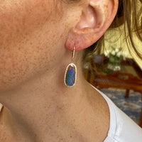 Stunning One of A Kind 14K Yellow Gold Australian Boulder Opal Diamond Earrings on Model