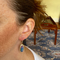 Stunning One of A Kind 14K Yellow Gold Australian Boulder Opal Diamond Earrings on Model